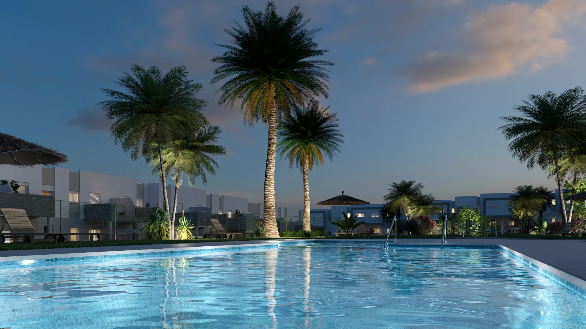 Piscina comunitaria de noche