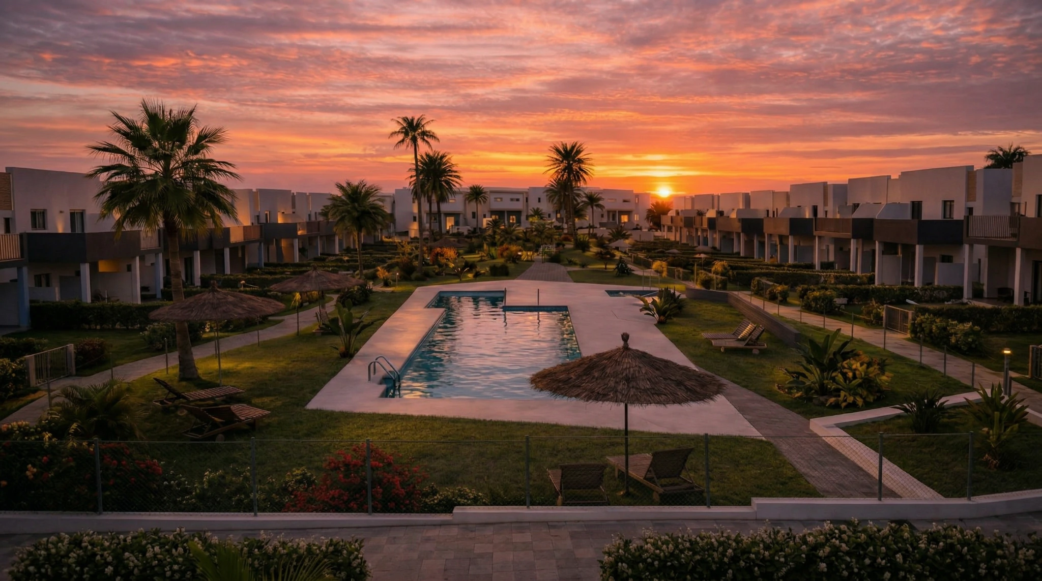 Piscina y jardines comunitarios al atardecer