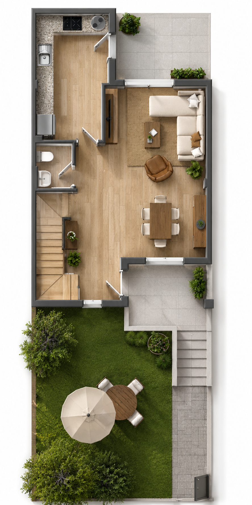 Plano de planta baja con salón, comedor, cocina y jardín privado