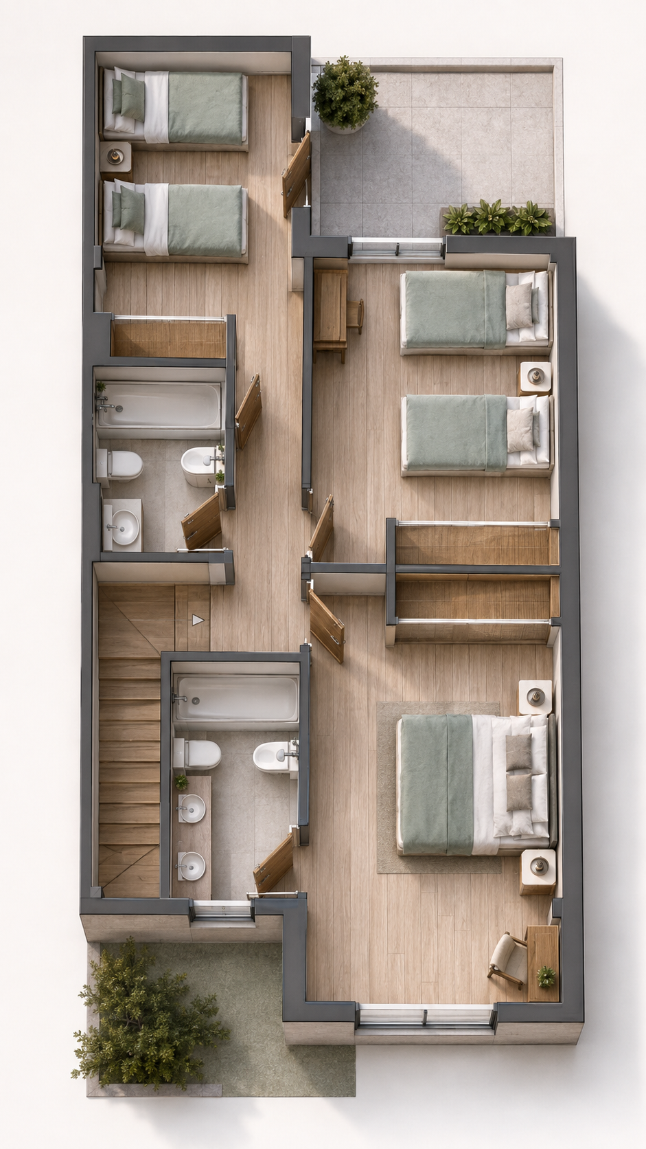 Plano de planta primera con dormitorios y baños